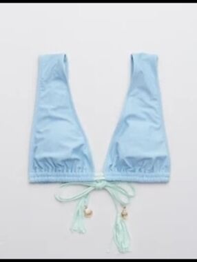 aerie Light Blue Tassel Plunge Bikini Top with Mint Ties